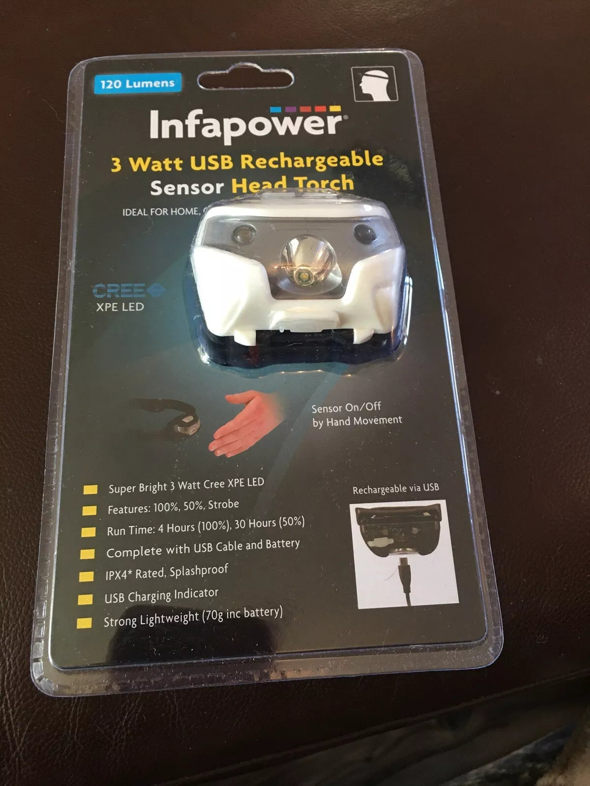 Infapower 3 Watt Rechargeable USB Sensor Head Torch/camping/emergency