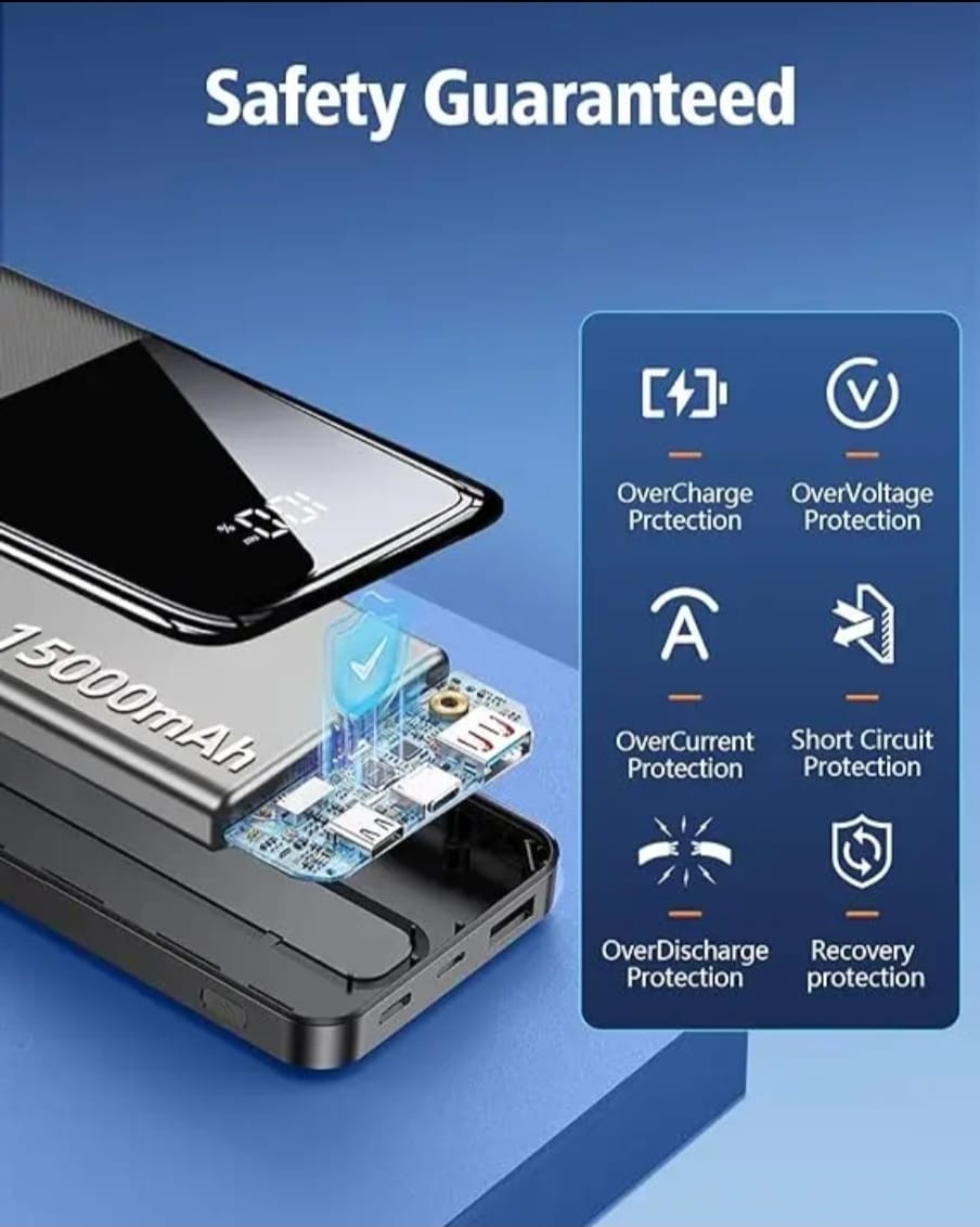 Power Bank Fast Charging 15000mAh With 2 Built In Cables